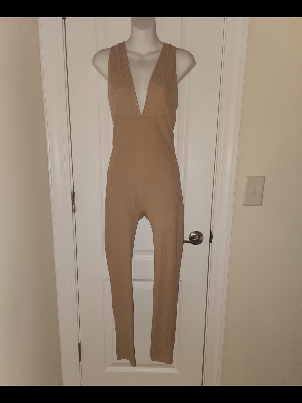 Sleeveless Plunge Neck Ribbed Jumpsuit in Tan